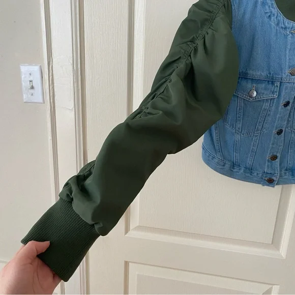 $498 NWOT Veronica Beard Emelia Denim Paneled Ruched Sleeves Bomber Jacket sz S